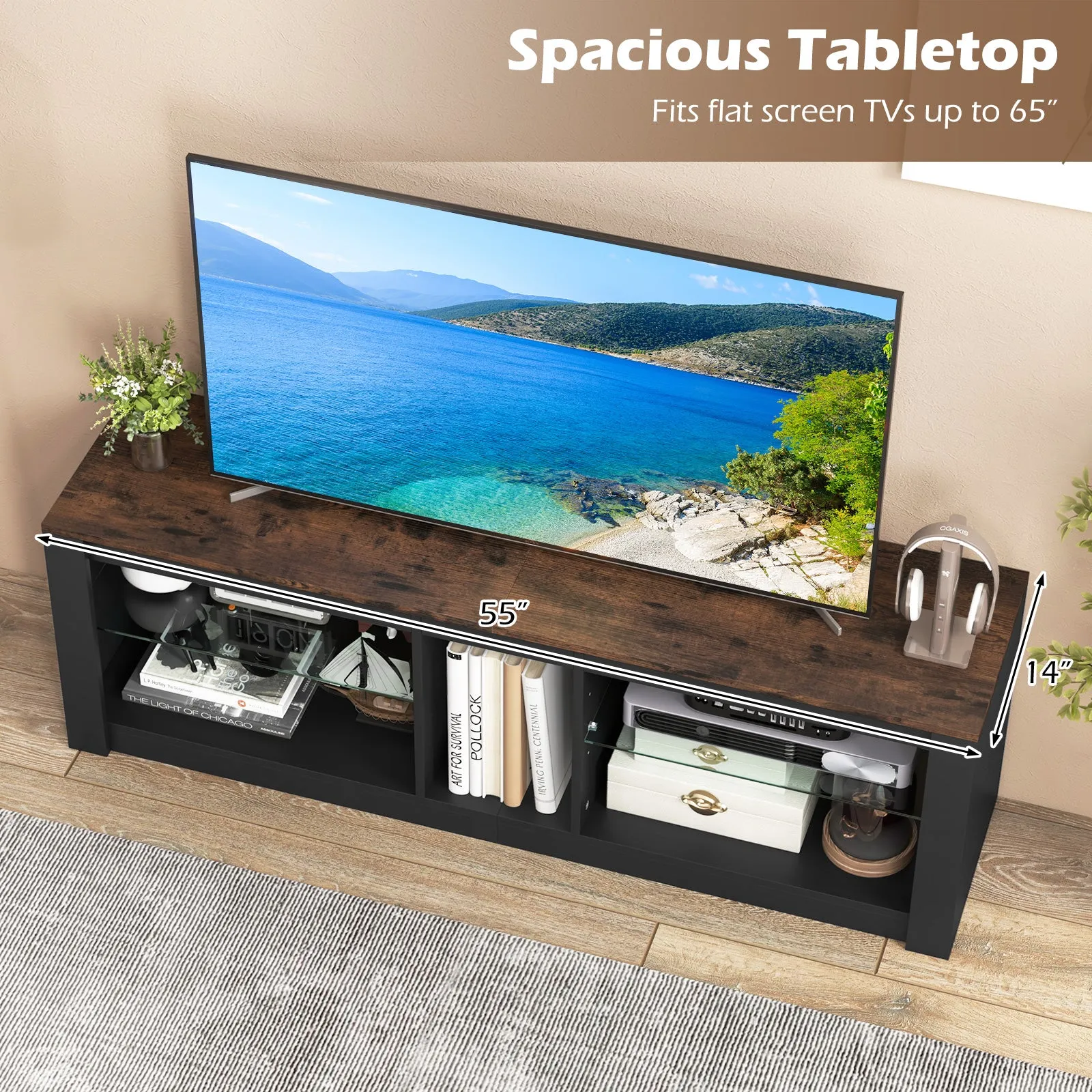 Tangkula LED TV Stand for 65 Inch TVs, Gaming Entertainment Center w/Open Storage