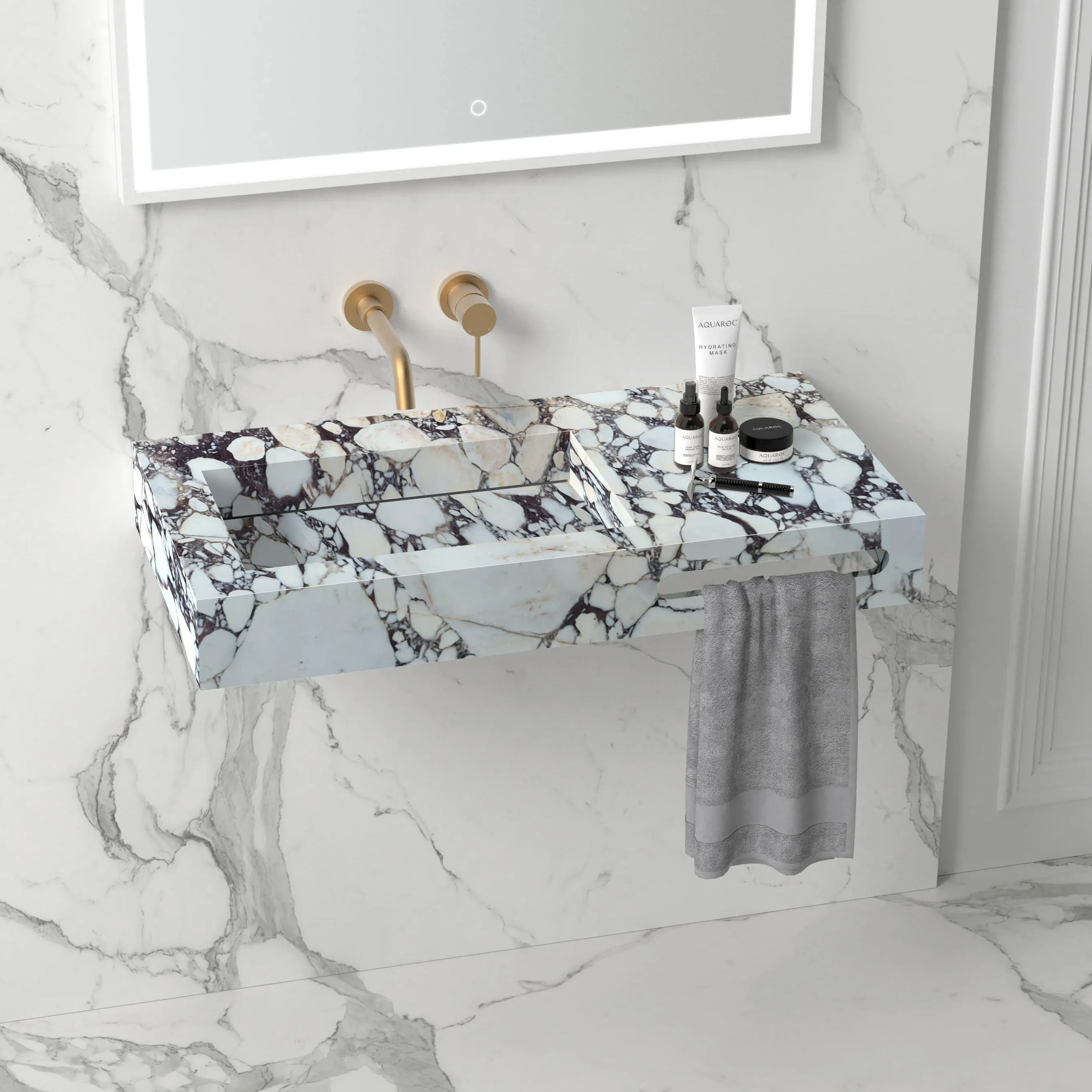 TCSC | Calacatta Viola Marble Wall-mount Bathroom Sink Hidden Drain and Towel Holder