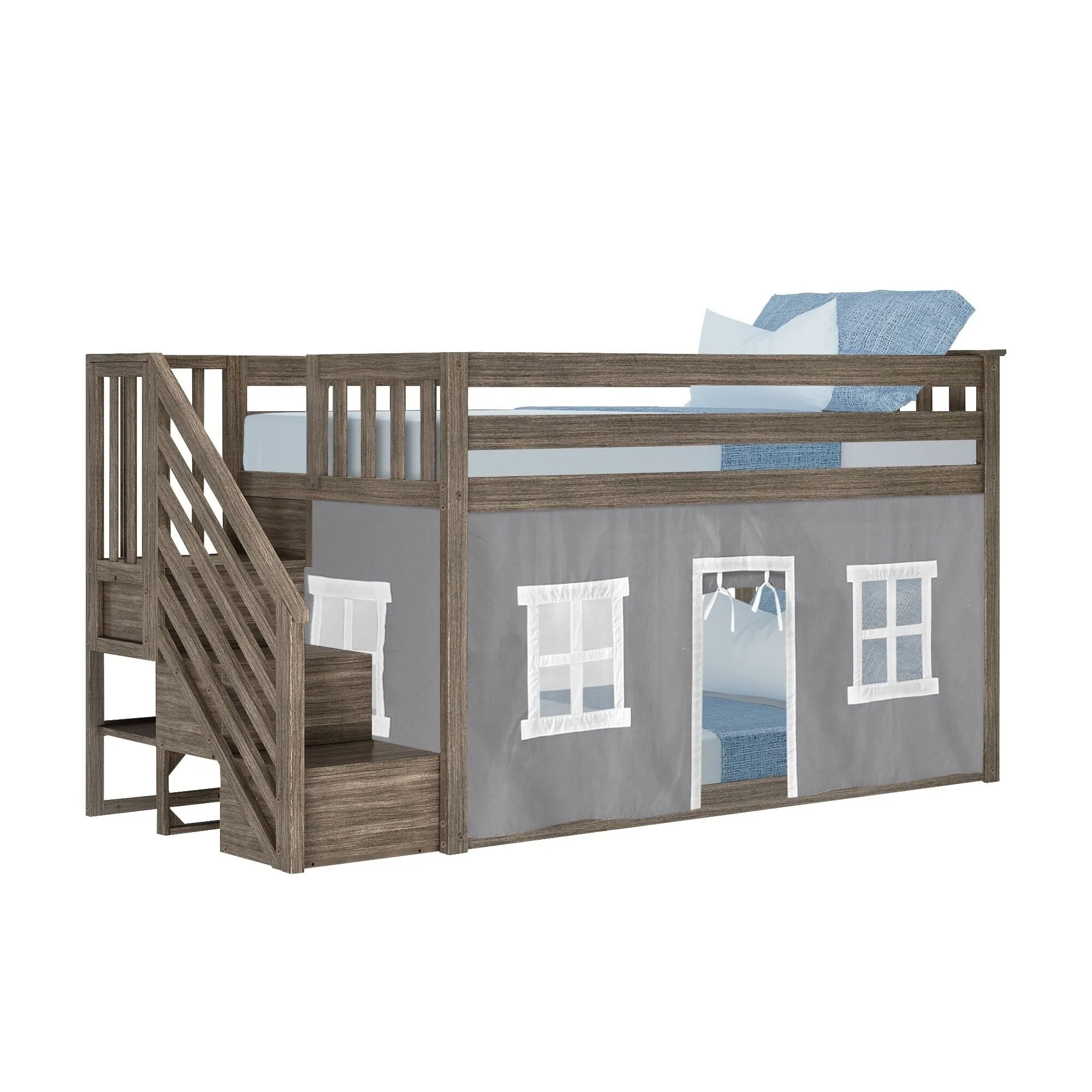 Twin-Size Low Loft with Stairs   Curtain