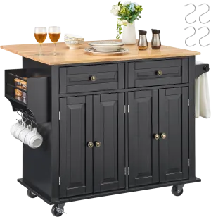 Vevor Kitchen Island Cart 35.4" Solid Rubberwood Top Mobile with Drop Leaf Spice Rack and 2 Drawers Black New