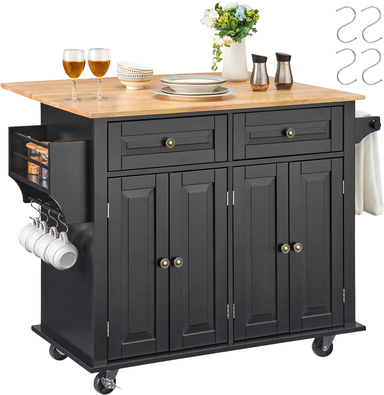 Vevor Kitchen Island Cart 35.4" Solid Rubberwood Top Mobile with Drop Leaf Spice Rack and 2 Drawers Black New